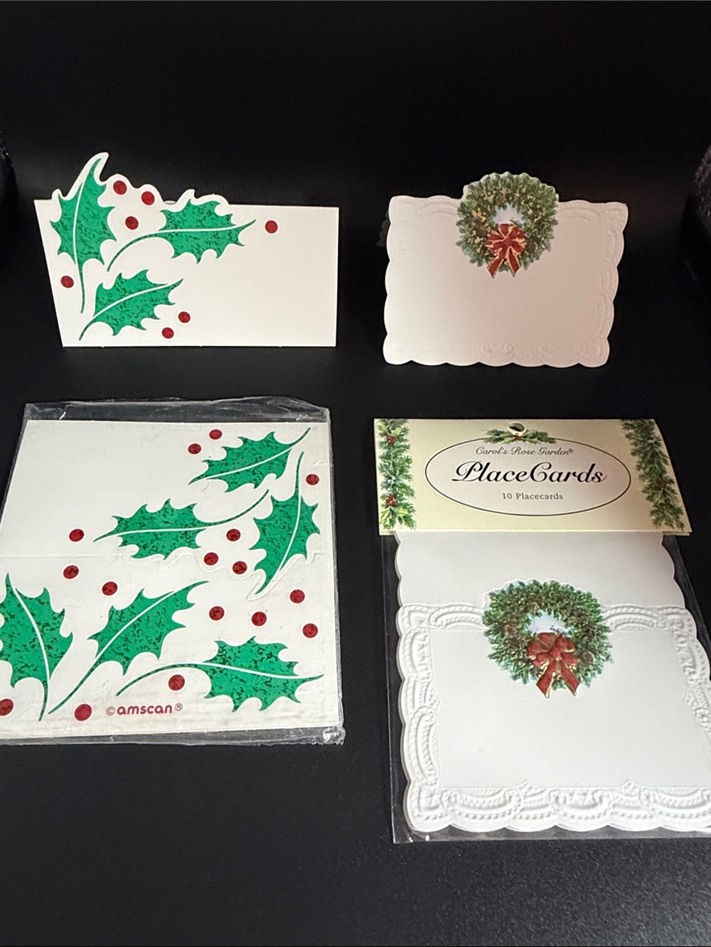 Vintage Amscan (12) White Holiday Place Cards with Green Holly and Red Berries